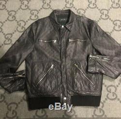 100% Auth Gucci Signature Gg Monogram Leather Jacket Biker Black Sz 56