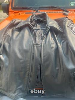 100% HEAVY Leather BLACK POLICE motorcycle JACKET Size 48 did not remove patches