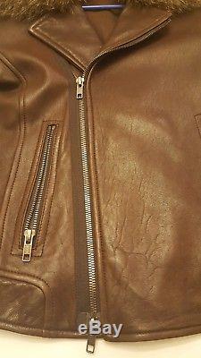 1290$ Theory Brown lamb leather moto biker jacket with fur collar size S