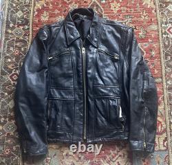 1970s Talon zipper Men's Black Leather Biker Motorcycle Jacket Collar Size 46