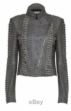 $1,496 Alice + Olivia Jace Embellished Dress Grey Leather Moto Jacket 4 6 SMALL