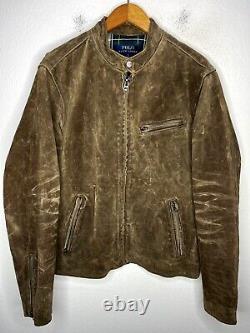 $698 Polo Ralph Lauren Large Suede Biker Cafe Racer Leather Jacket Grey Brown