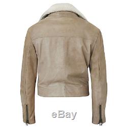 ACNE STUDIOS distressed tan leather biker coat shearling fur collar jacket 34/2