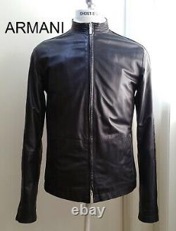 ARMANI Collezioni black leather jacket cafe racer ribbed coat Dune nr slim fit M