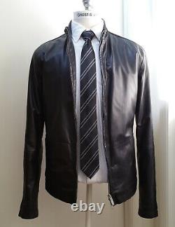 ARMANI Collezioni black leather jacket cafe racer ribbed coat Dune nr slim fit M