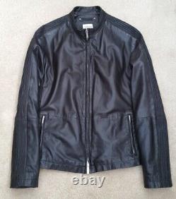 ARMANI Collezioni black leather jacket cafe racer ribbed coat Dune nr slim fit M