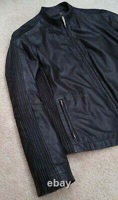 ARMANI Collezioni black leather jacket cafe racer ribbed coat Dune nr slim fit M