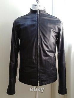 ARMANI Collezioni black leather jacket cafe racer ribbed coat Dune nr slim fit M