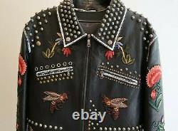 AUTHENTIC Gucci Mens Black Floral Leather Embroirdery Embellished Studded Jacket