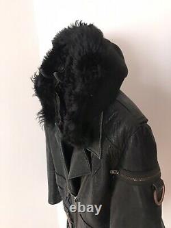 Acne Studios Black Leather Biker Jacket SZ Women 38 Shearling Hood Cropped