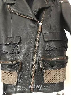 Acne Studios Black Leather Biker Jacket SZ Women 38 Shearling Hood Cropped