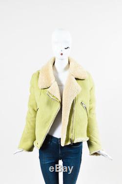 Acne Studios Lime Green Cream Shearling Suede Fur Long Sleeve Moto Jacket SZ 40