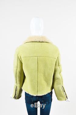 Acne Studios Lime Green Cream Shearling Suede Fur Long Sleeve Moto Jacket SZ 40