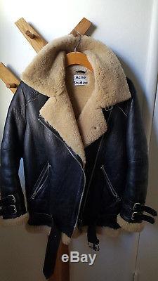 Acne Velocite Shearling Leather Coat Jacket 32 XS Vintage Black & Beige Tan
