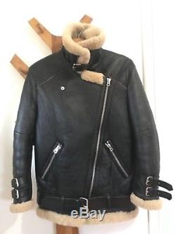 Acne velocite shearling leather coat motorcycle jacket 32 black & dark beige