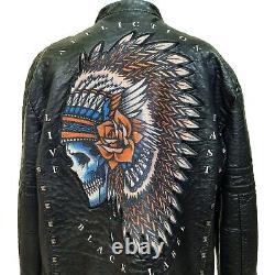 Affliction Blacl Faux Leather Jacket Mens XL Fitted Studded Skull Patch Moto