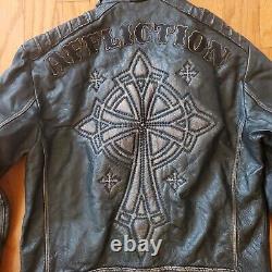 Affliction Real Leather Jacket Men XL(fits Like L) Full Cross Black Zipper Broke