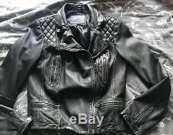 All Saints Cargo Soft Distressed Leather Biker Jacket 12 Black Grey