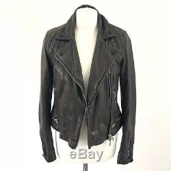 All Saints Dark Brown 100% Leather Quilted CONROY Biker Jacket, Size UK 10