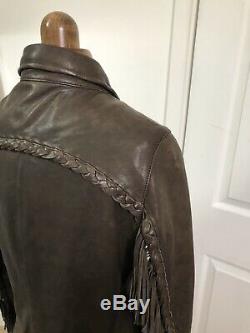 All Saints Leather Jacket Size 12 Brown Western Tassels Fringe RARE Boho Retro