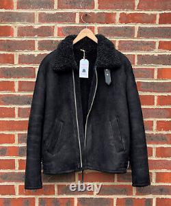 All Saints Mens DEKLEY Sheepskin Shearling Biker LARGE Leather Bomber Aviator