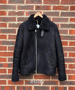 All Saints Mens DEKLEY Sheepskin Shearling Biker LARGE Leather Bomber Aviator