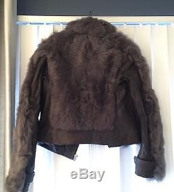 All Saints Shearling And Distressed Leather Moto Jacket UK 12, US 8, Gray Brown