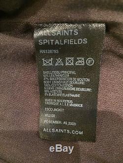 All Saints Shearling And Distressed Leather Moto Jacket UK 12, US 8, Gray Brown