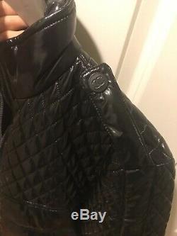 Auth Chanel Black Puffer Nylon Jacket Quilting CC Coat Motorcycle jacket Size 38