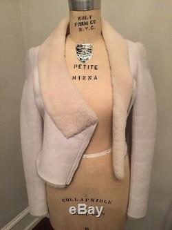 Authentic Helmut Lang White Leather Cream Shearling Cropped Motorcycle Jacket Xs