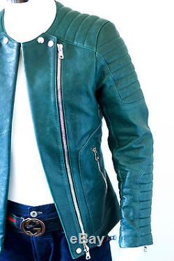 Authentic! Hunter Green/Balmain Motorcycle Leather Jacket/w Zipper/Size Small