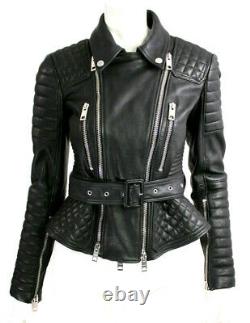 BURBERRY PRORSUM $3,595 Black Leather Belted Biker Motorcycle Jacket 42