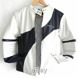 Baby Phat Leather Motorcycle Jacket Size S White & Navy Blue Tones Padded