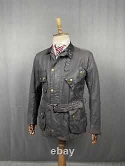 Barbour Vintage Men's Black Waxed Belted Motorcycle Jacket Size L-XL