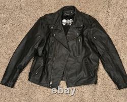 Black Brand Leather Motorcycle Jacket Black Large Reflective Strip Vented Punk