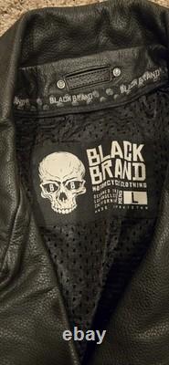 Black Brand Leather Motorcycle Jacket Black Large Reflective Strip Vented Punk