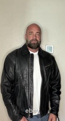 Black Leather Biker Jacket Men's Mid-Length Zip Closure Solid Casual