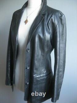 Black leather BLAZER JACKET English UK 14 12 long line boyfriend soft relaxed