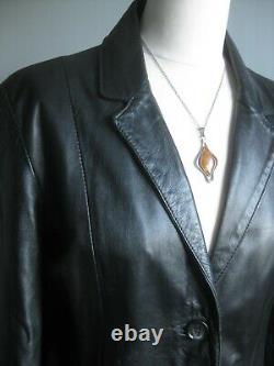 Black leather BLAZER JACKET English UK 14 12 long line boyfriend soft relaxed