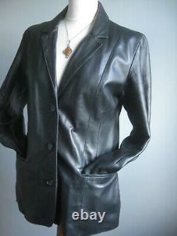 Black leather BLAZER JACKET English UK 14 12 long line boyfriend soft relaxed