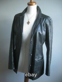 Black leather BLAZER JACKET English UK 14 12 long line boyfriend soft relaxed