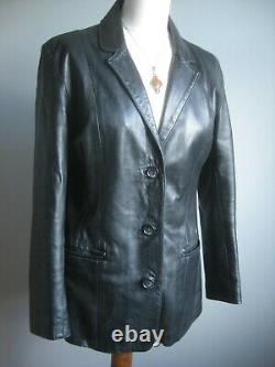 Black leather BLAZER JACKET English UK 14 12 long line boyfriend soft relaxed