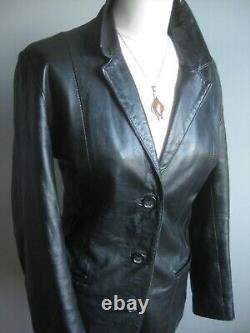 Black leather BLAZER JACKET English UK 14 12 long line boyfriend soft relaxed