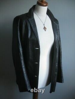 Black leather BLAZER JACKET English UK 14 12 long line boyfriend soft relaxed