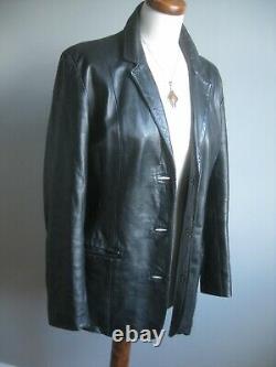 Black leather BLAZER JACKET English UK 14 12 long line boyfriend soft relaxed