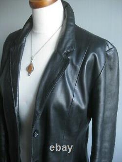 Black leather BLAZER JACKET English UK 14 12 long line boyfriend soft relaxed