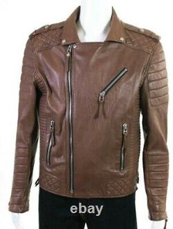 Boda Skins Mens Grain sheep nappa Leather Motorcycle Jacket quilted Brown L $550