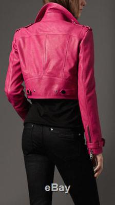 Burberry $2595 Womens Leather Cropped Biker Jacket Coat USA 2 Eu 36