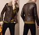 Burberry Brit Brown Leather Biker Aviator Jacket with Shearling Fur Collar Size XL