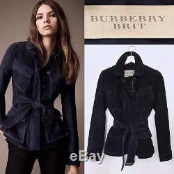 Burberry Jacket Suede Leather Navy Field Coat Waist Belt S UK 8 BURBERRY BRIT